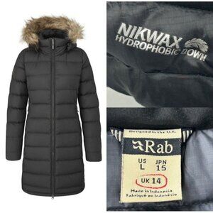 Rab Deep Cover Nikwax Hydrophobic Down Puffer Womens US Large UK 14 Parka Black